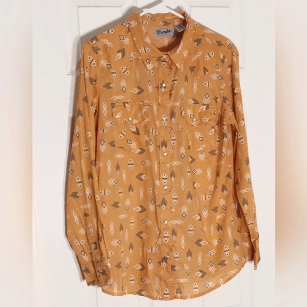 Western pearl snap shirt Wrangler Wrancher long sleeve cotton Aztec Women's